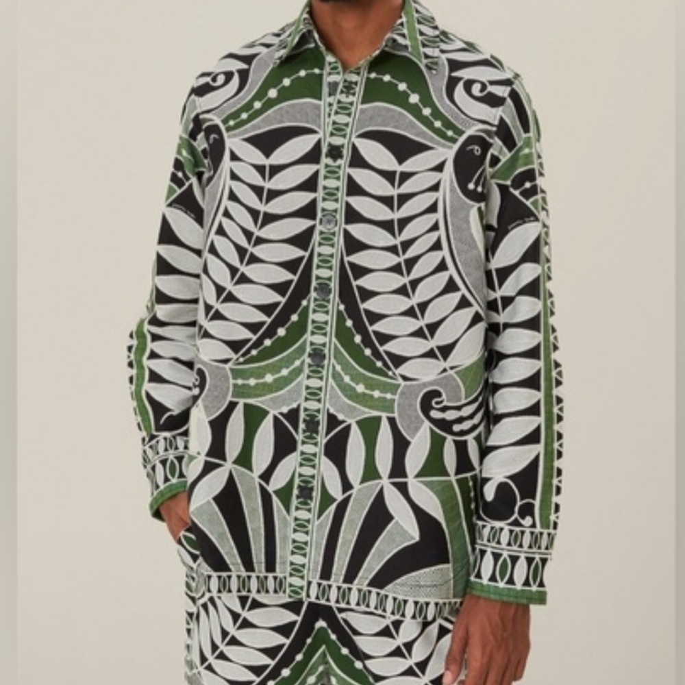 FARM Rio Green and Black Patterned Floral/Leaf Shirt (Pants In Other Posting!)